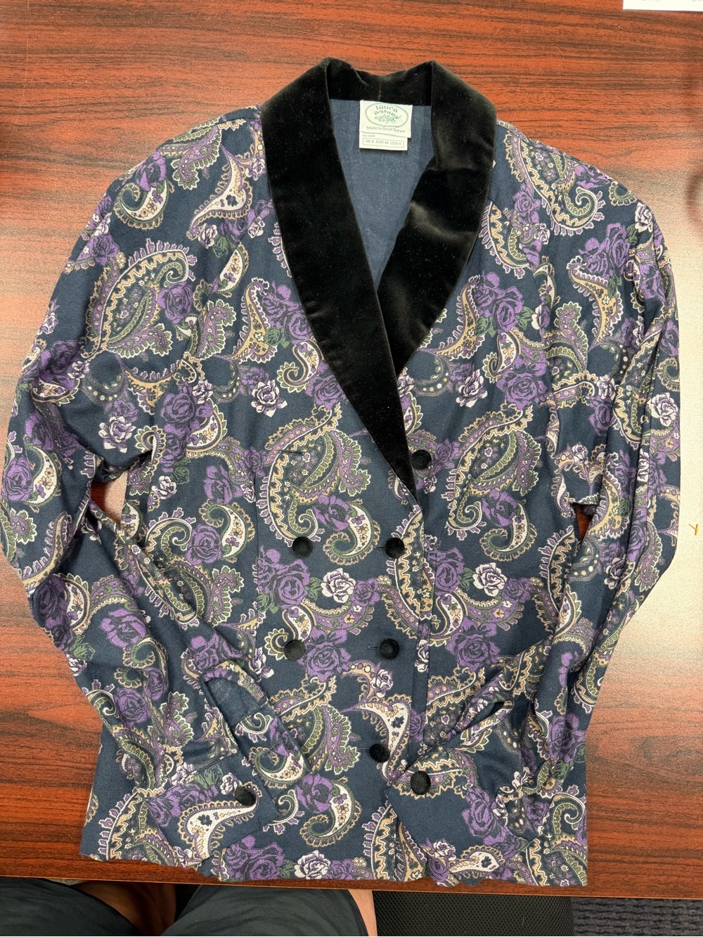 Laura Ashley Black Paisley Double-Breasted Blazer with Velvet Collar
